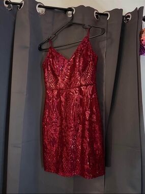 Sparkling Burgundy Sequin Mini Dress with V-Neck Spaghetti Straps